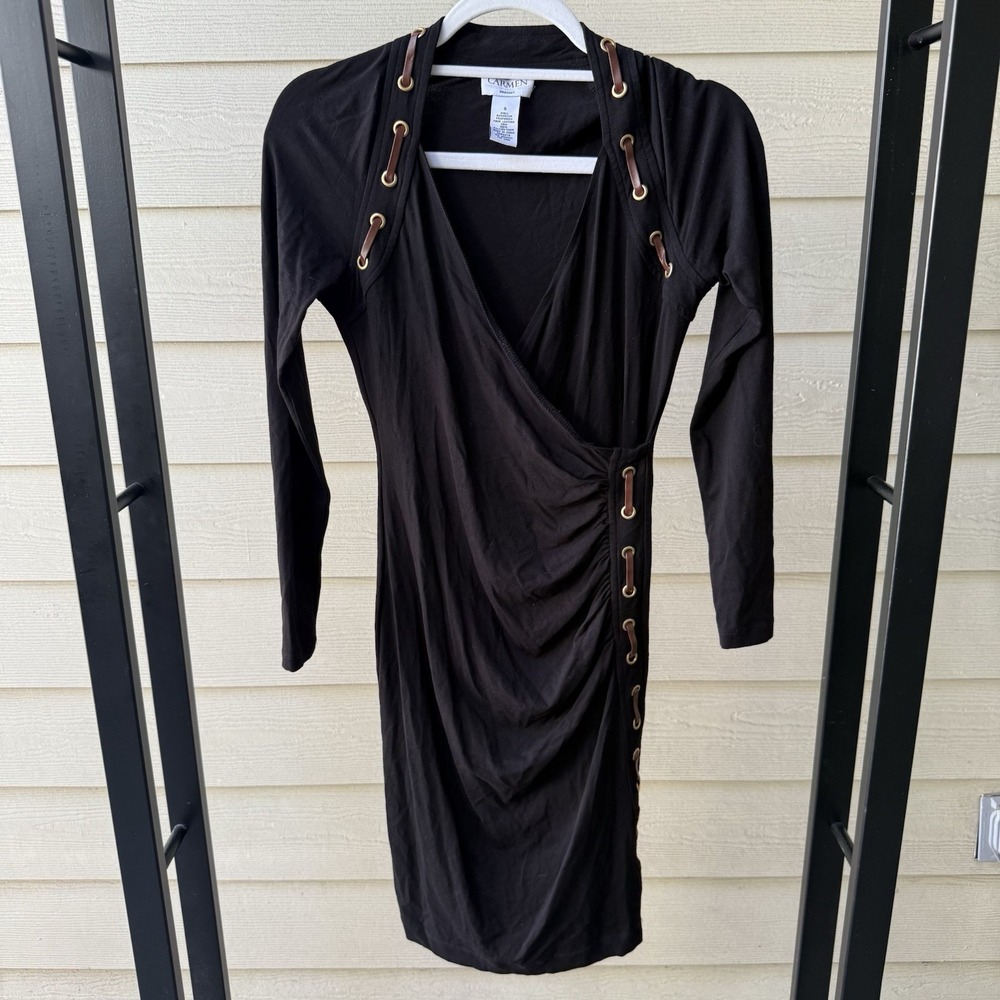 Carmen Marc Valvo Black Ruched Mock Wrap Dress Small Leather Detail LBD Cocktail - Picture 2 of 7